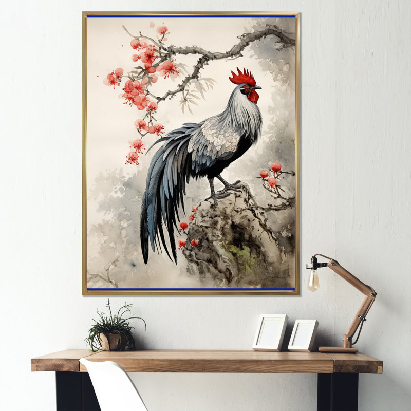 «Averly Asian Art Rooster Sumi II», reproduction sur toile, H 20 po x l 12 po x P 1 po, Cadre flottant doré