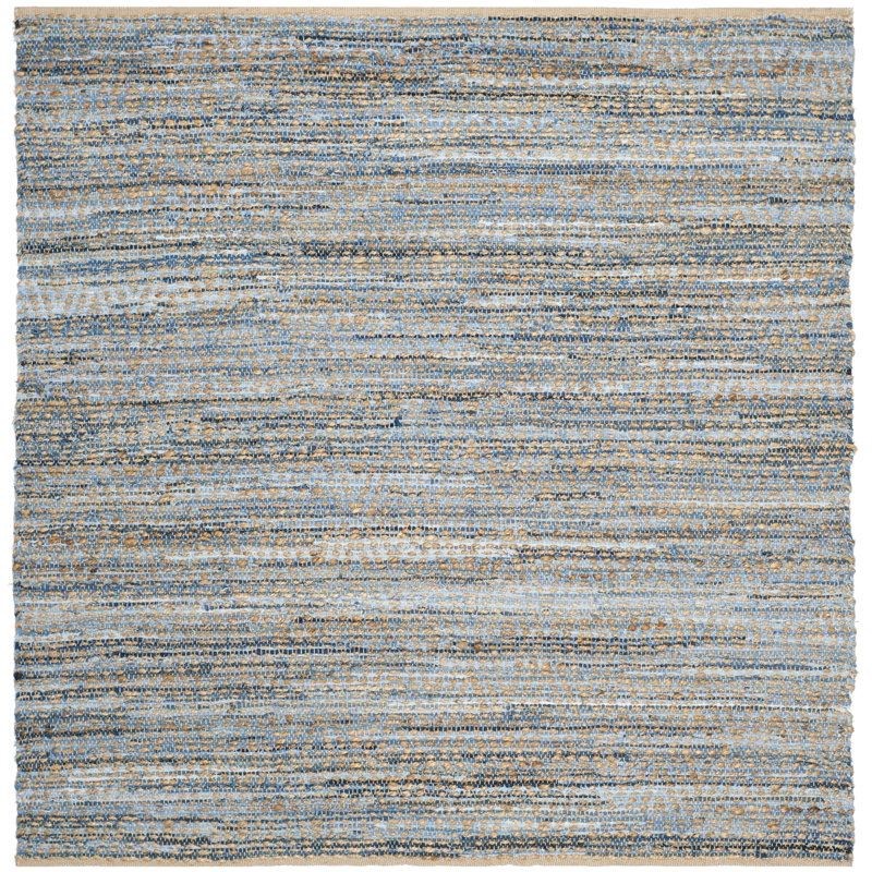 Tapis naturel / bleu en denim de coton / jute tissé à la main de 0,4 po Arria, Carré 8 pi