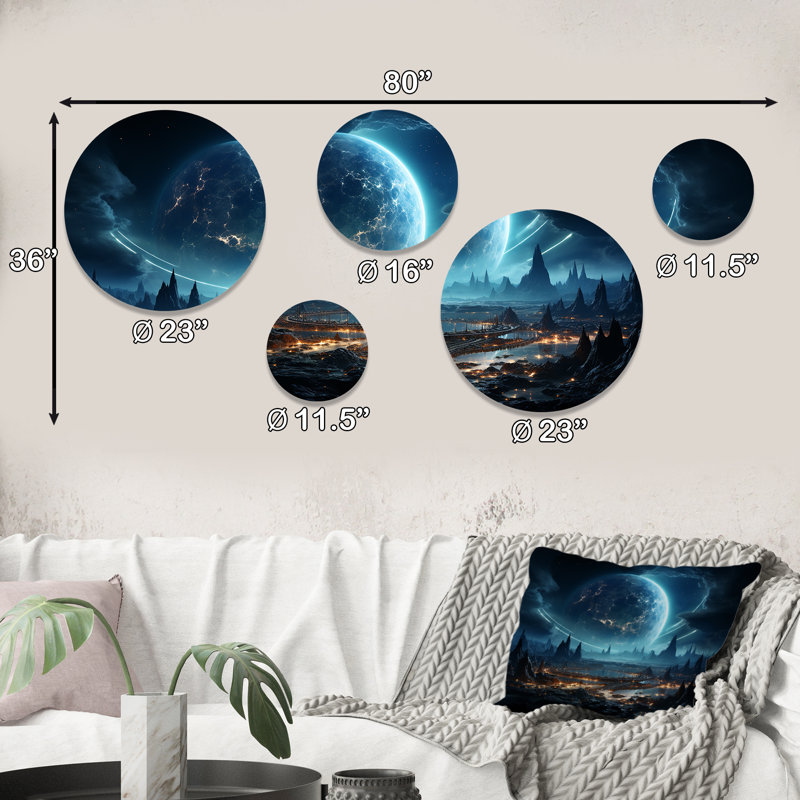 «White and Blue Cosmic Space Landscape I», ensemble d'art mural rond 5 pièces