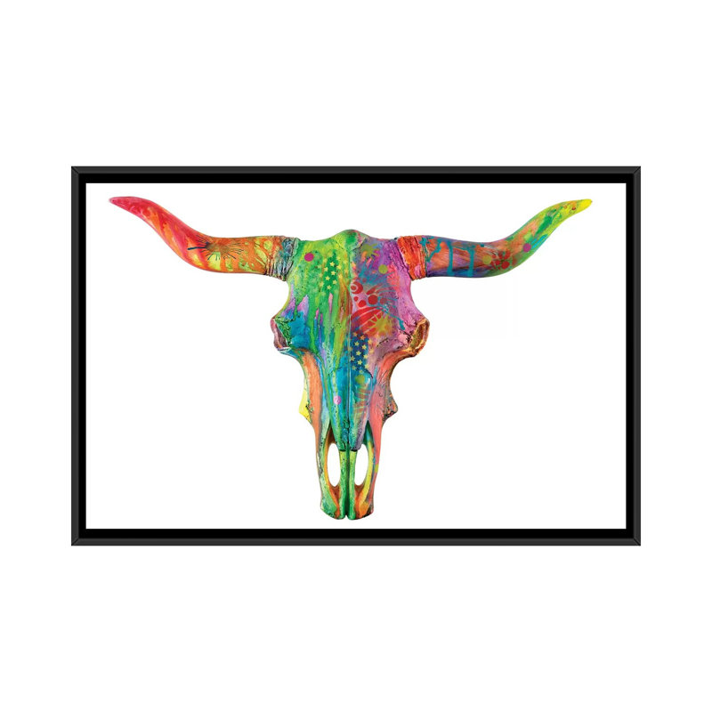 « longhorn », impression sur toile, H 32 po x l 48 po x P 1,5 po, Toile avec cadre noir, Pas de tapis