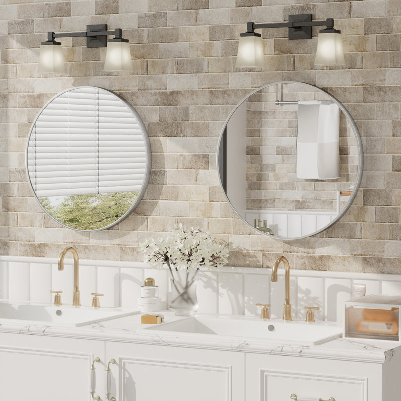 Molly Easy French Cleat Mounting Metal Alloy Wall Round Vanity And Dresser Bathroom Mirror, Silver, 18" x 18"