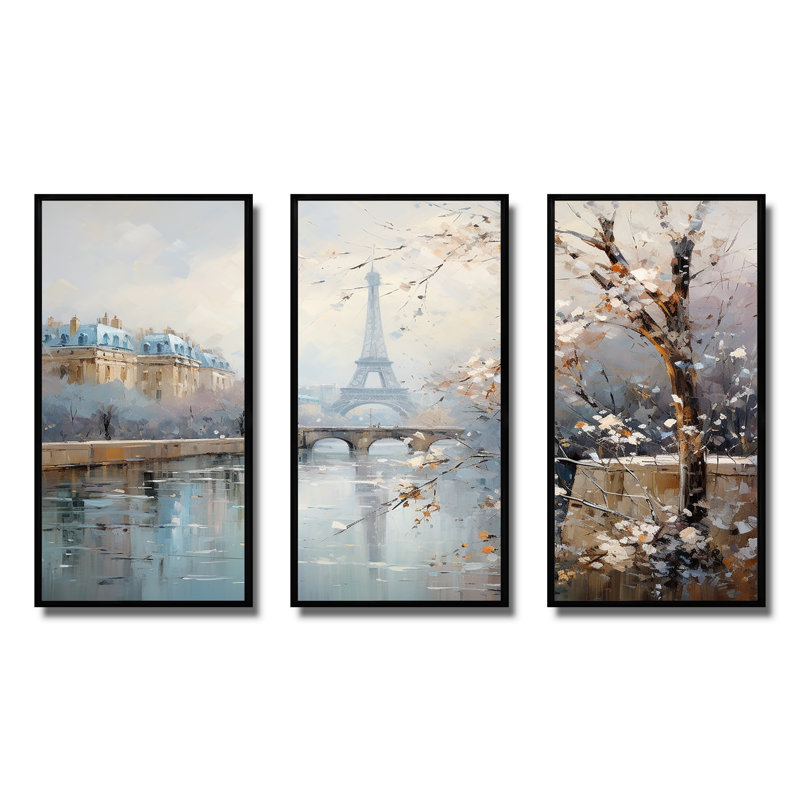 Hiver Paris, Tour Eiffel, ville, charme I - Art mural de Paris, H 28 po x l 36 po x P 1 po, Cadre flottant noir