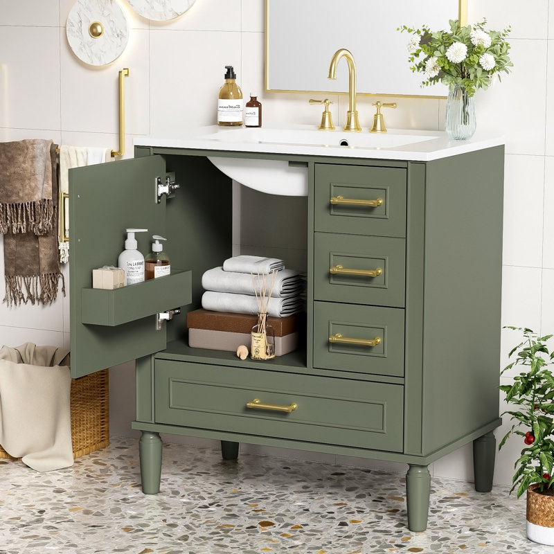 Functional Bathroom Vanity with Ceramic Sink, Soft-Close Door, Multiple Drawers, Ample Storage, and Modern Design for a Practical Bathroom Upgrade