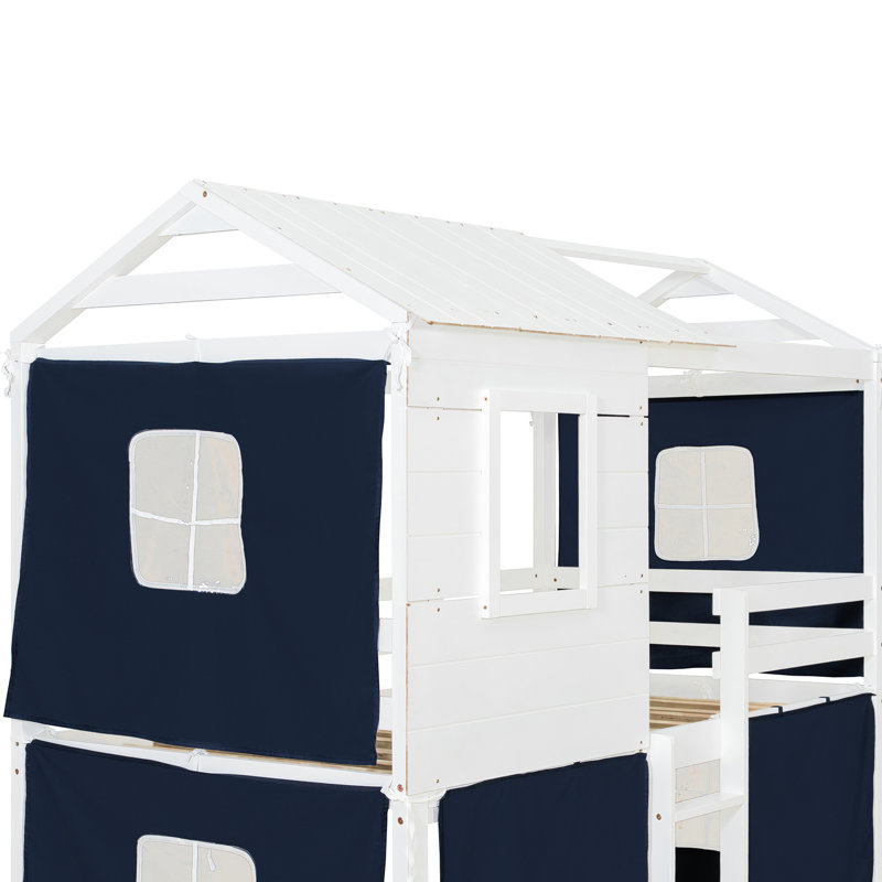 Lit superposé simple avec tente bleue et blanche, conception semblable à une maison dans les arbres pour le plaisir, bois massif et construction, espace de rangement spacieux sous le jeu
