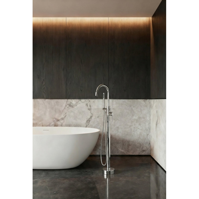 Cozyblock Floor Mount Bathtub Faucet Freestanding Tub Filler Standing High Flow Shower Faucets Shower Mixer Taps, Swivel Gooseneck Spout With Cylinder Handheld (polished Chrome)