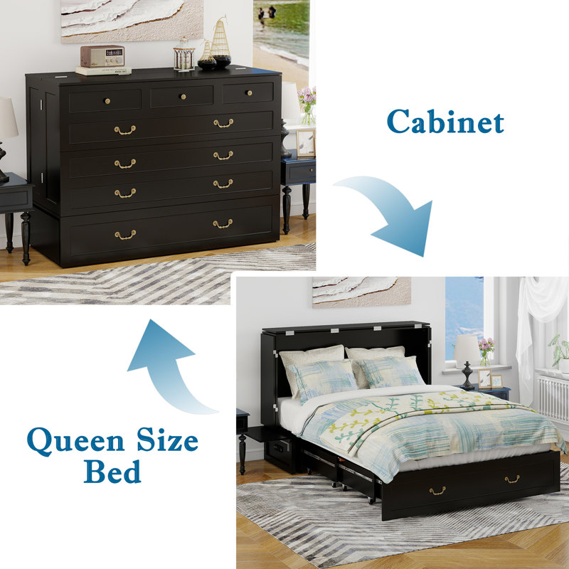 Modern Queen Murphy Bed with USB Charging & 2 Drawers - Space Saving Cabinet Bed for Home Office, Guest Room