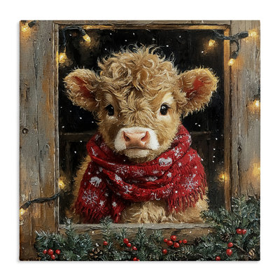 Calf with Holly & Lights Garland Canvas, design by Riley B