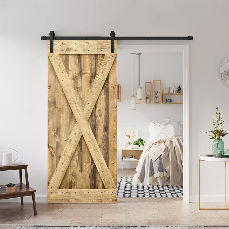 Weather Oak Knotty Pine Solid Wood Sliding Barn Door with Black Hardware