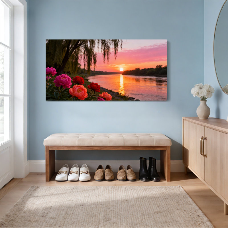 Coucher de soleil sur la rivière et pivoines, reproduction d'art sur toile tendue sur toile, ensemble de 1, H 24 po x l 48 po