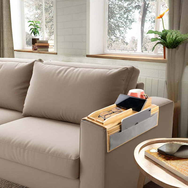 Couch Cup Holder Tray,4 In 1 Couch Arm Table With Side Storage Pocket,Couch Arm Tray Anti-Slip, Bamboo Couch Table For Drinks, Snacks, Cup, Remote And Phone For Most Armrests On Couches