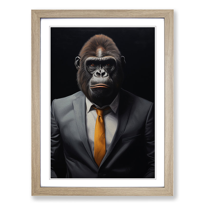 Gorilla with Glasses Painting - Framed Print, 34cm H x 25cm W x 2cm D, Oak
