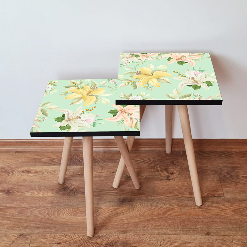 Ensemble de tables gigognes Modern (2 pièces), pieds en bois de hêtre, 13,8 x 18,5 x 13,8 pouces et 13,8 x 16,5 x 13,8 pouces | 100% panneau de fibres à densité moyenne avec une épaisseur de 0,7 pouce | Conception florale élégante pour le salon et la maison, solution peu encombrante