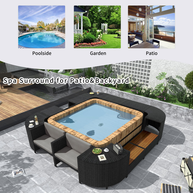Ensemble de canapés modulaires en rotin pour l'extérieur avec cadre mini spa, sièges en bois et espaces de rangement, gris