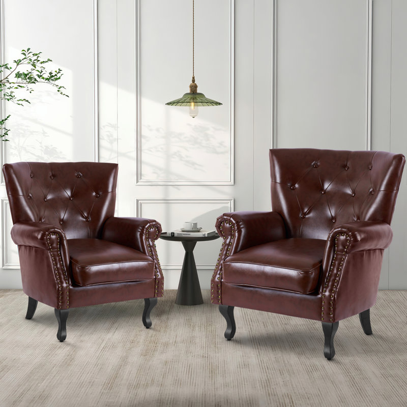 24"W Faux Leather Wingback Chair, Reddish Brown Faux Leather