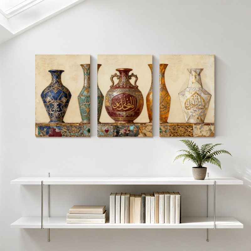 vase de poterie, vases arabes avec calligraphie et motifs, ensemble de 3 impressions sur toile, H 18 po x l 36 po