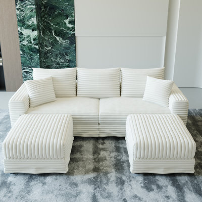  82.7" Corduroy Oversized Loveseat Sofa with Ottoman, 3-Seater Modular Sectional Couch with Soft Pillows, Convertible Sofa Lounge Chair, Modern Deep Seat Upholstered Cloud Couch for Living Room, Bedroom, Apartment