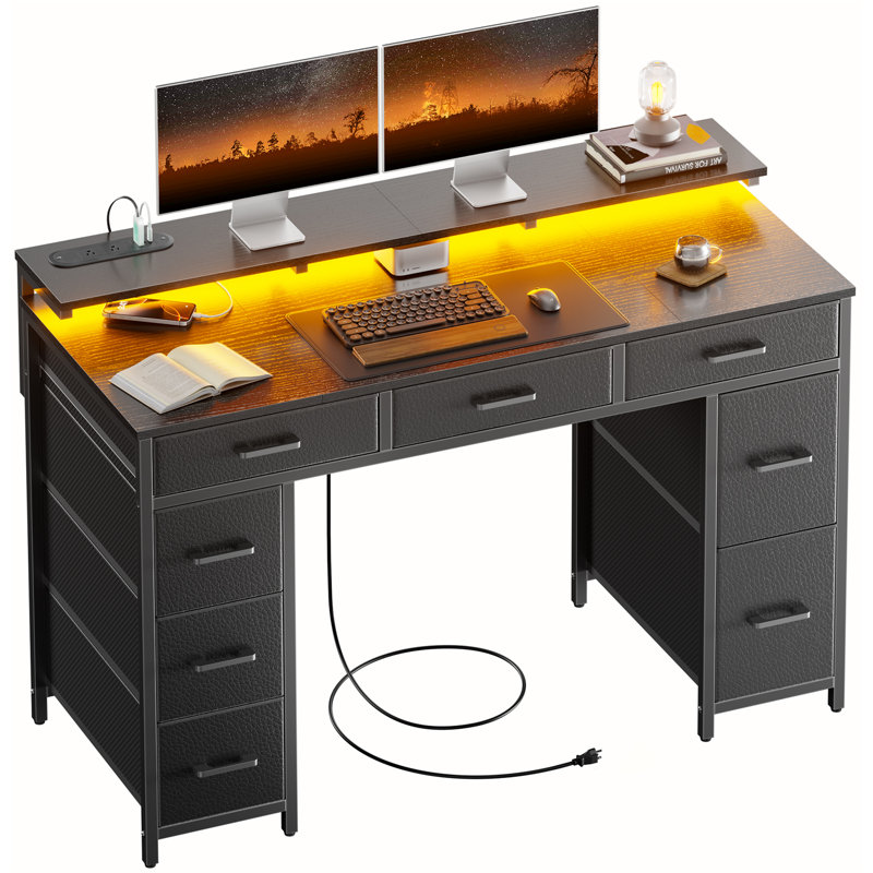 47 inch Computer Desk with 8 Storage Drawers, Gaming Desk with LED Lights & USB Power Outlets, Home Office Table with Monitor Stand, Study Writing Work Table for Bedroom, Black