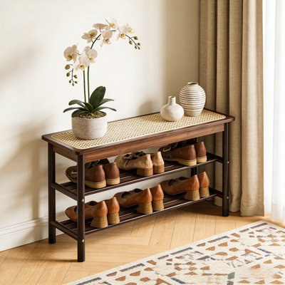 Bamboo Shoe Rack Bench, 3-Tier Shoe Storage Organizer With Breathable Rattan Seat Cushion, Entryway Shoe Storage