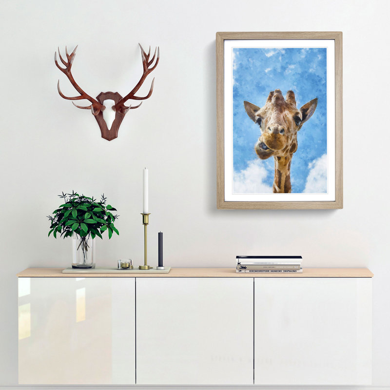 Chewing Giraffe - Picture Frame Painting Print, 45cm H x 33cm W x 2cm D, Oak Framed
