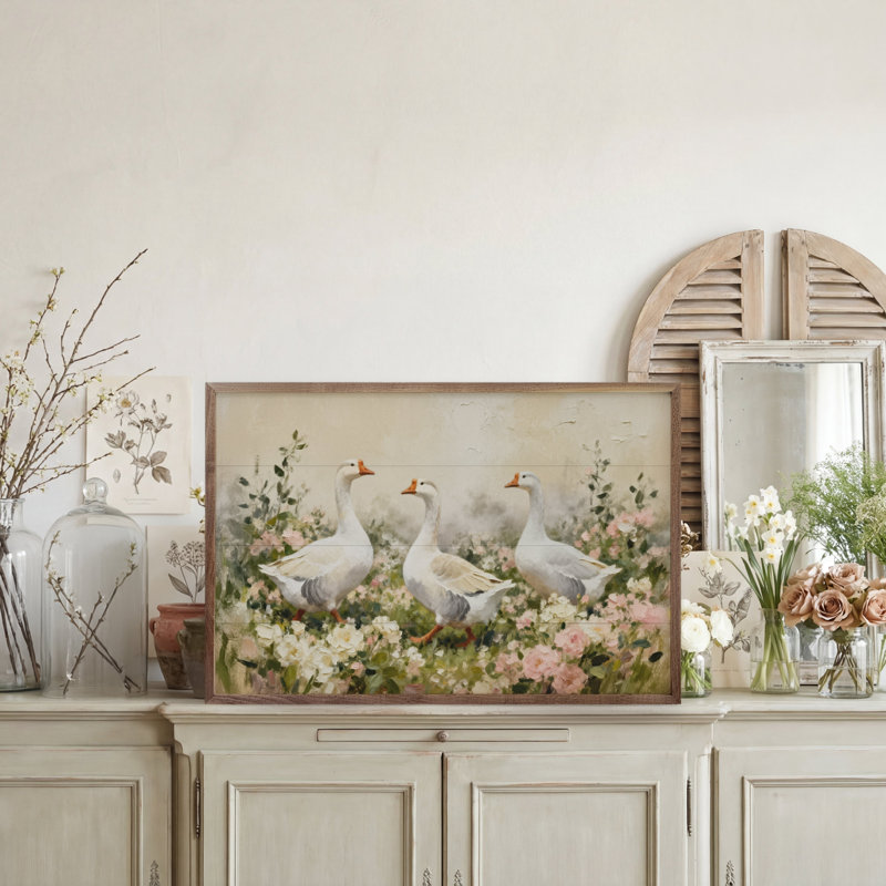 Oies blanches en rose et fleurs blanches, H 16 po x l 24 po