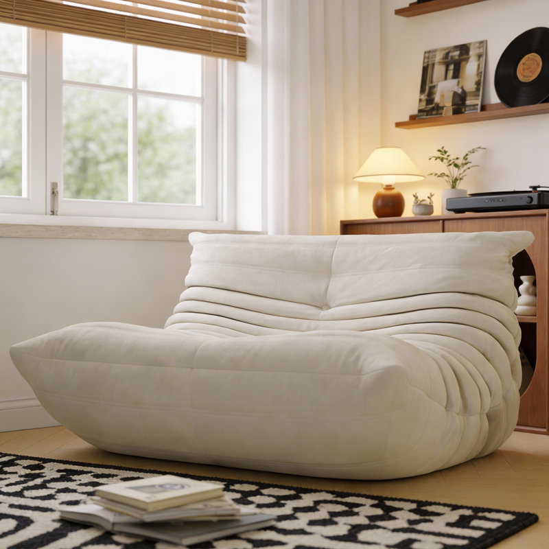 Cream Plush Fabric Two-Seater Armchair, 130cm Soft Curved Shape with High-Density Foam, No Internal Frame, 130cm