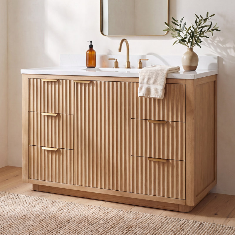 Adela 48'' Single Bathroom Vanity with Cultured Marble Top, White, Brown, Gold