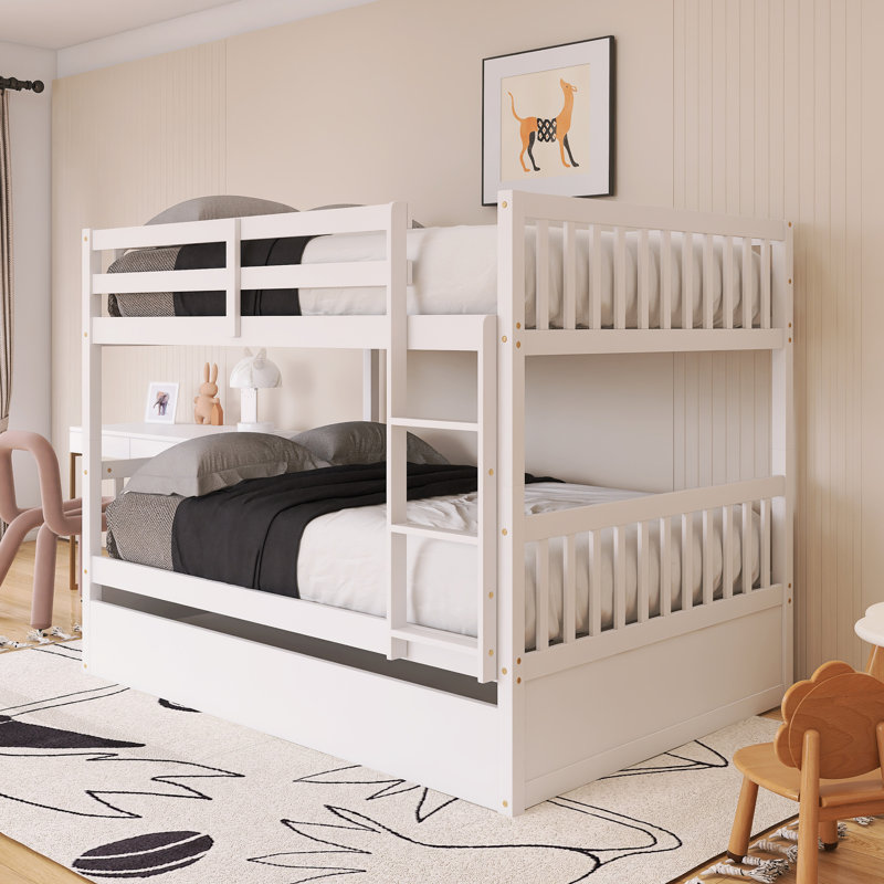 Wood Frame Full Over Full Size Bunk Bed With Trundle, Ladder And Guardrails, White