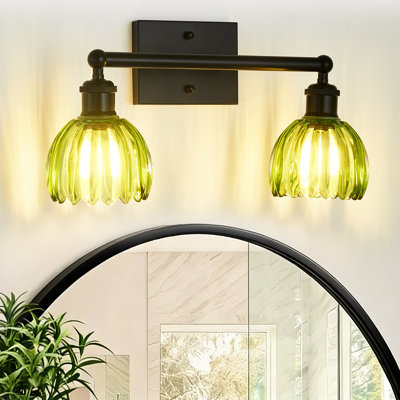 Applique murale de salle de bain 2 lumières en verre vert avec cadre en métal noir