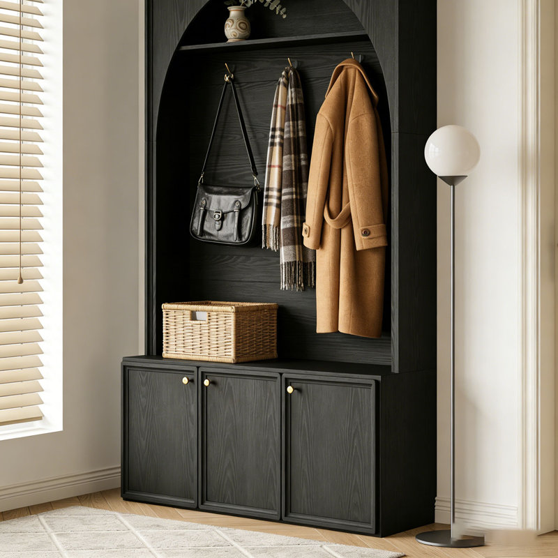 Meuble d'entrÃ©e tout-en-un avec tablettes rÃ©glables, banc de rangement rÃ©tro Ã  l'entrÃ©e avec 3 armoires, Black