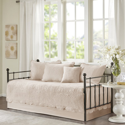 Housse de lit de jour 6 pièces couleur rose poudré - Couette à bord festonné, format simple, 6 pièces, Vibe