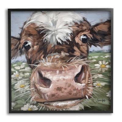 Gros plan sur une vache dans un pré par Sara G. Designs - Peinture sur bois à cadre flottant