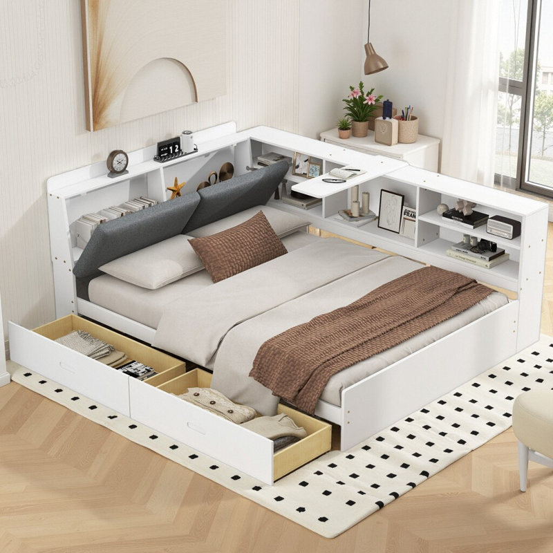 Lit plateforme tapissier multifonctionnel avec tablettes et 2 tiroirs, Blanc, Lit double