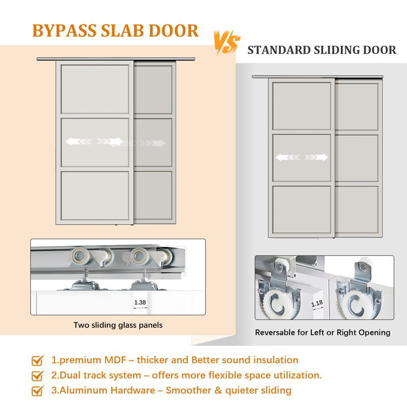 2 MDF Interior Slab Doors with Aluminium Hardware Bypass Sliding Door Full Lite Mirror Glass Design, 64" x 80"