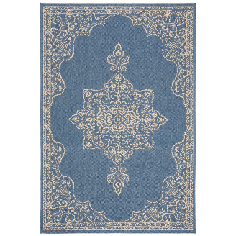 Danya Oriental Cream/Blue Indoor/Outdoor Area Rug, Rectangle 9' x 12'