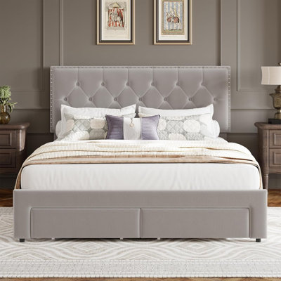 Bed Frame with 2 Storage Drawers, Vintage Velvet Upholstered Bedframe with Wooden Slat Support