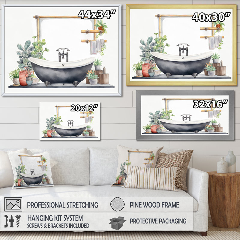 «Natural Bathroom Decor II», reproduction sur toile, Cadre simple noir, H 34 po x l 44 po x P 1,5 po