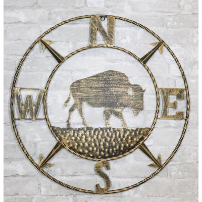 Bison Buffalo With N-S-E-W Compass Cardinal Directions Metal Wall Circle Sign