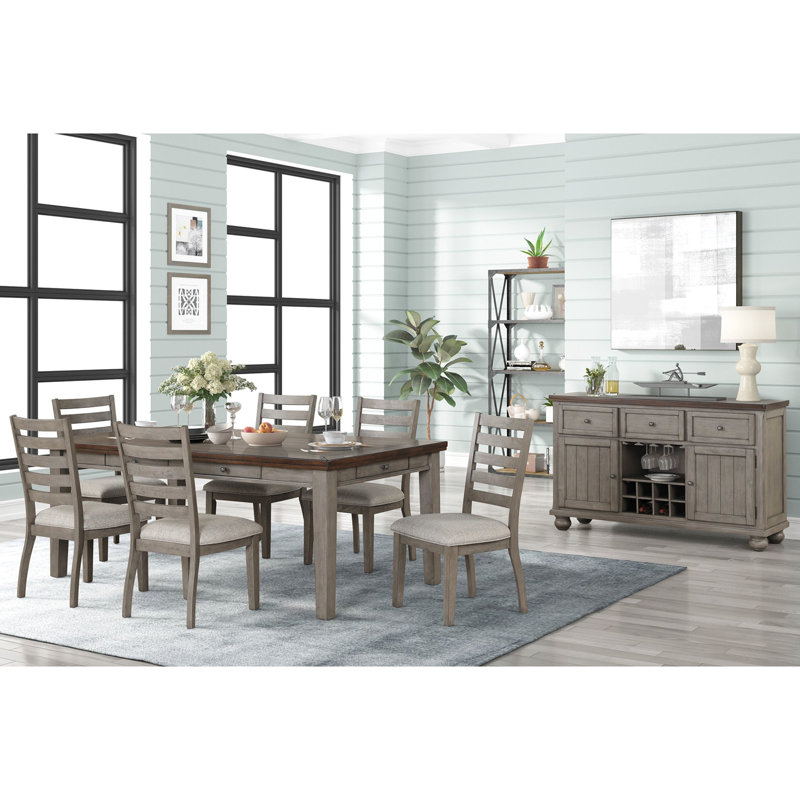 2 chaises à dossier échelle avec sièges rembourrés de couleur gris rustique et 2 chaises d'appoint