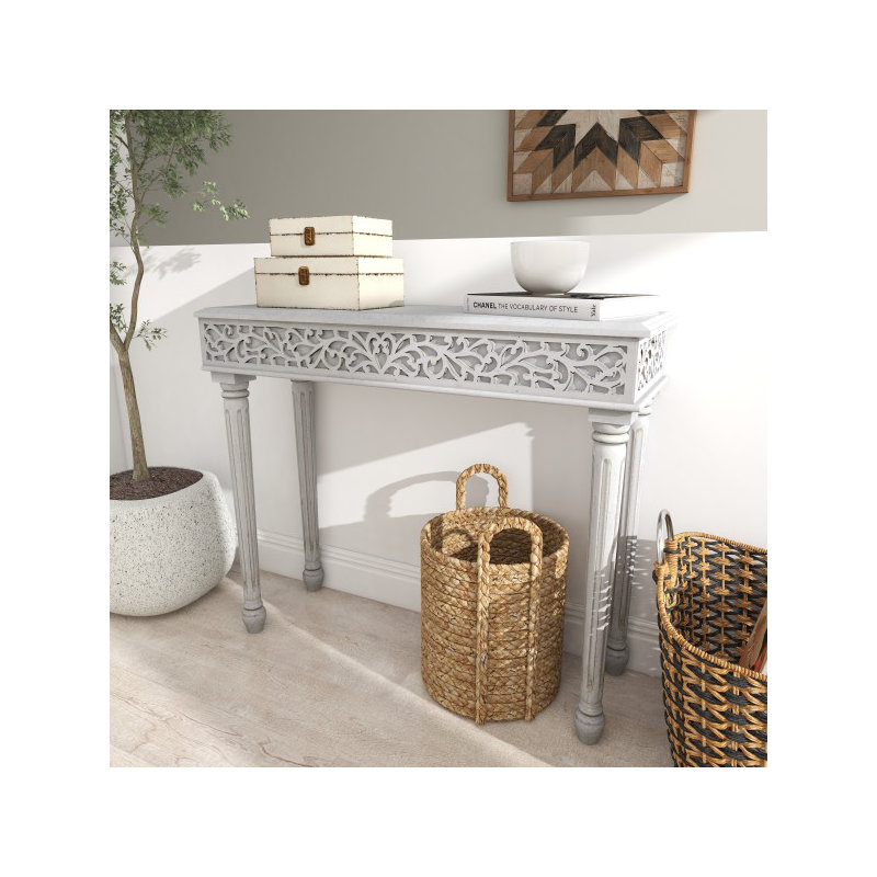 Wood Intricately Carved Scroll Console Table, Dark Grey