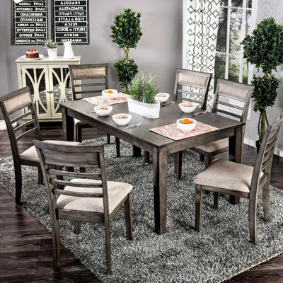 60.4"W Transitional 7 Pc. Dining Table Set, Weathered Gray/Beige