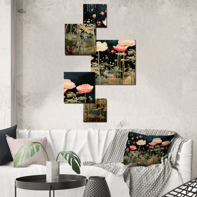 Enigma, fleurs roses et vertes de jardin 2 - ensemble d'art mural carré tachisme 5