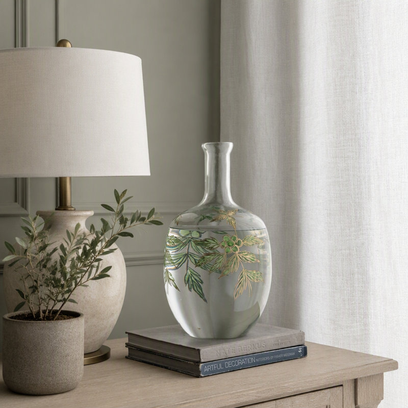 D9.1x16.5 "Vase en verre transparent arrondi avec col étroit et motif botanique vert et or