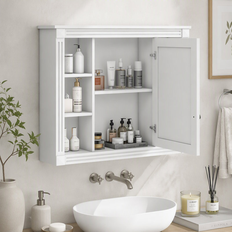 Armoire de toilette murale avec miroir, rangement et étagères ouvertes, White