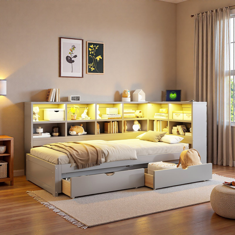 Modern Daybed With 2 Storage Drawers, Storage Cabinets, Led Light And Usb Ports, Gray
