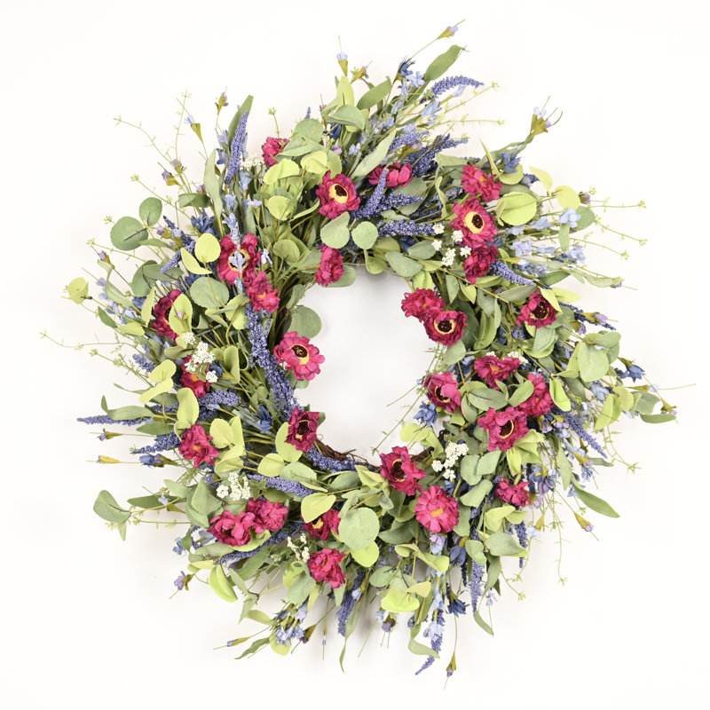 Couronne de porte artificielle 24 po avec fleurs d'eucalyptus, Vert / mauve / rouge