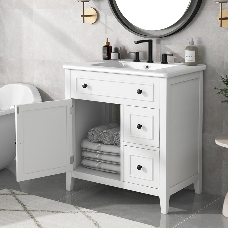 Meuble-lavabo de 30 po avec comptoir d'évier, structure en bois massif pour armoire de salle de bain petite et moyenne, Blanc