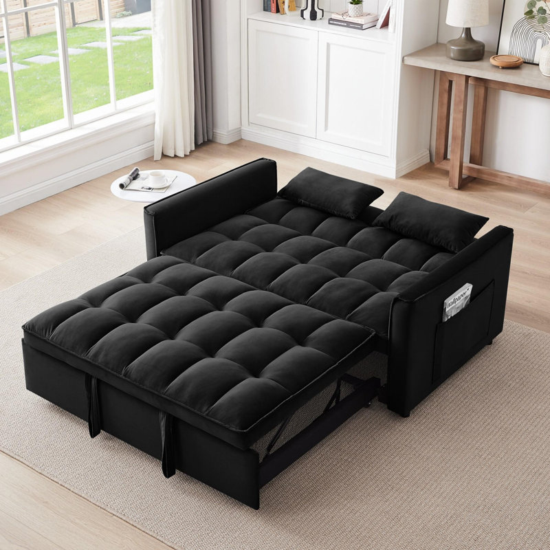 Upholstered Convertible Sofa Bed  3-in-1 Pull Out Sleeper Sofa with 2 Pillows, 31.1" H x 52.75" W x 33.46" D, Black Velvet