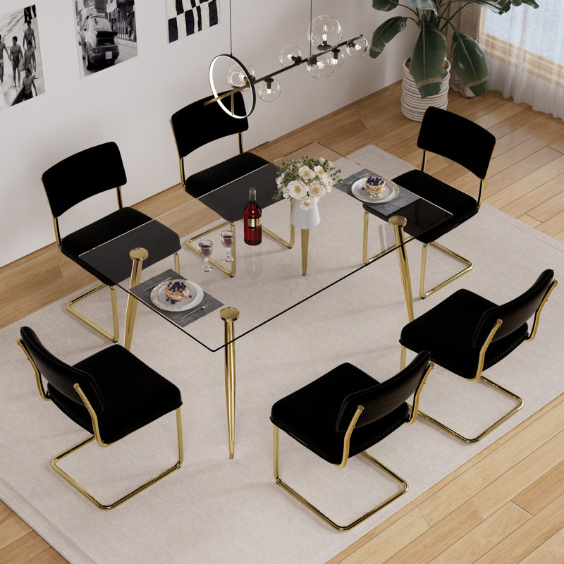 7 - Piece Glass Top Dining Set with 6 Dining Chairs., 29.8"H x 51.2"L x 31.5"W, Black 1, 7 Pieces: Table, 6 Chairs