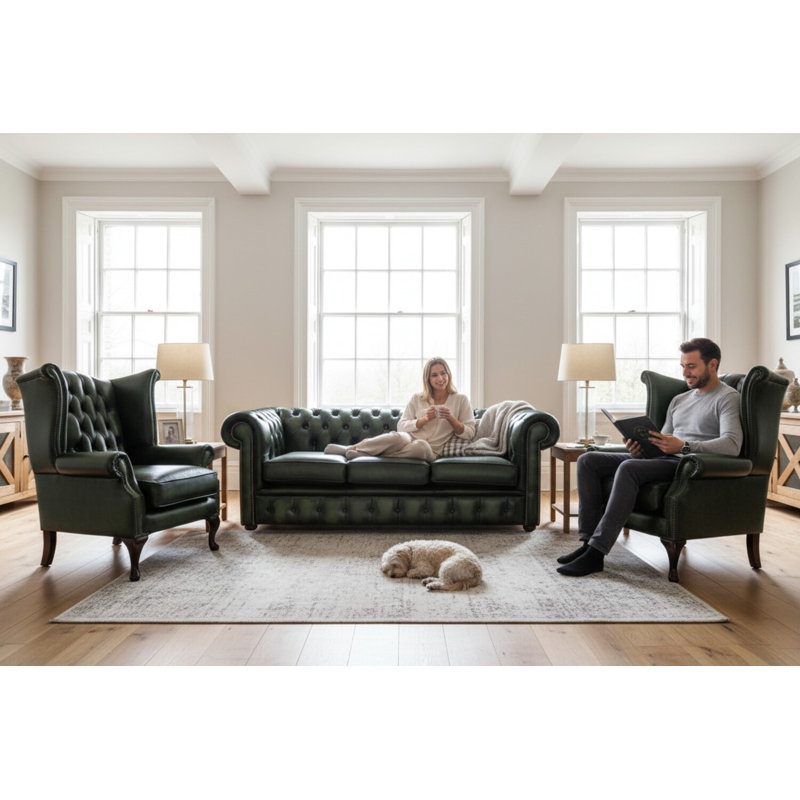 Chesterfield 3 Seater Sofa + 2 X Queen Anne Chairs Leather Sofa Suite Offer, Green
