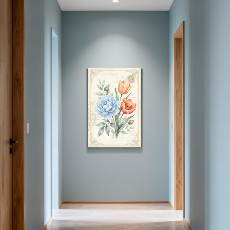 Bouquet de plantes et de fleurs avec fleurs bleues et oranges, H 36 po x l 24 po